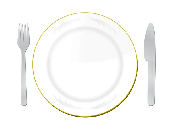 Cuchillo, plato blanco y tenedor sobre fondo blanco — Foto de Stock