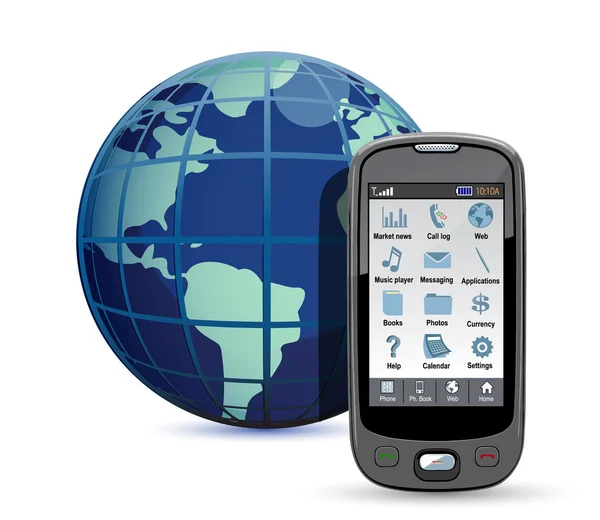 Teléfono móvil con globo sobre fondo blanco. Concepto de llamadas internacionales — Foto de Stock