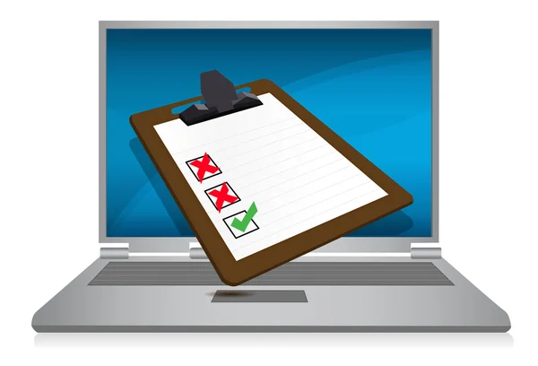 Laptop display with a survey clipboard illustration — Stock Photo, Image