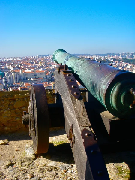 stock image Lisbon rooftop view from old castle with cannon