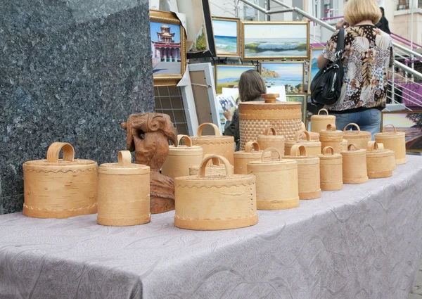 stock image The table of handmade birch bark boxes