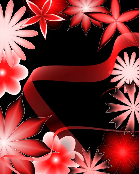 黑色背景上的抽象花朵和彩带 — 图库照片