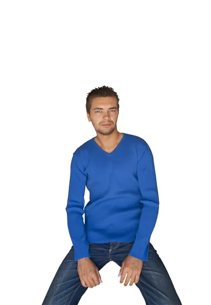 Porträtt snygg sexig man blå tröja — Stockfoto