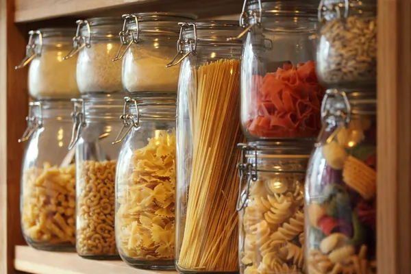 Gedroogde pasta in potten op een plank — Stockfoto