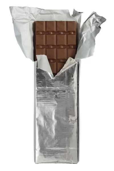 Chocolate bar in foil wrapper — Stock Photo, Image