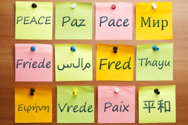 Peace word in 12 languages clipart