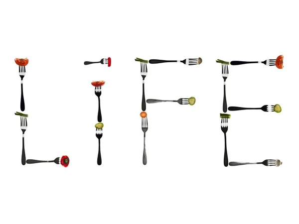 Life word made of food in forks — Stock Photo, Image