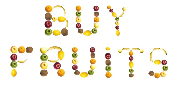 Kelimeler meyvelerini yapılan meyve satın — Stok fotoğraf