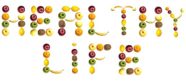 Zdrowe życie słowa z owoców — Zdjęcie stockowe