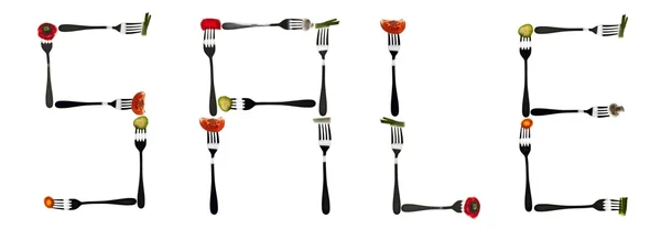 Palabra de venta hecha de comida en tenedores —  Fotos de Stock