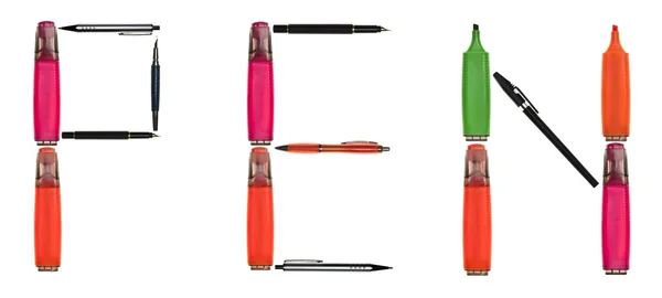 Palavra caneta feita de ferramentas de escrita — Fotografia de Stock