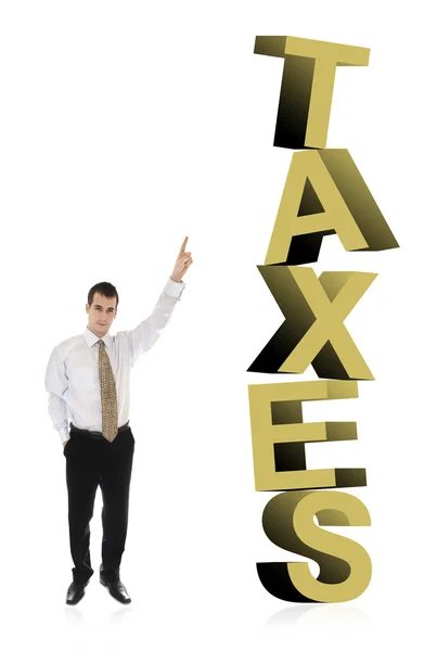 Impostos palavra e homem de negócios — Fotografia de Stock