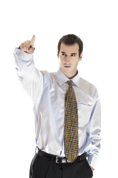 Isolated young business man pointing