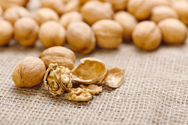 Walnuts on homespun linen background — Stock Photo, Image