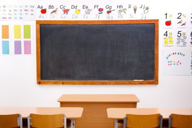 Empty, decorated elementary classroom clipart