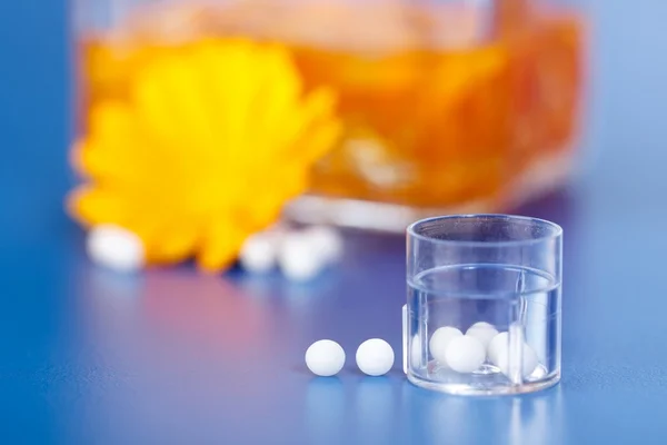 Pílulas homeopáticas na frente do extrato da planta Calêndula — Fotografia de Stock