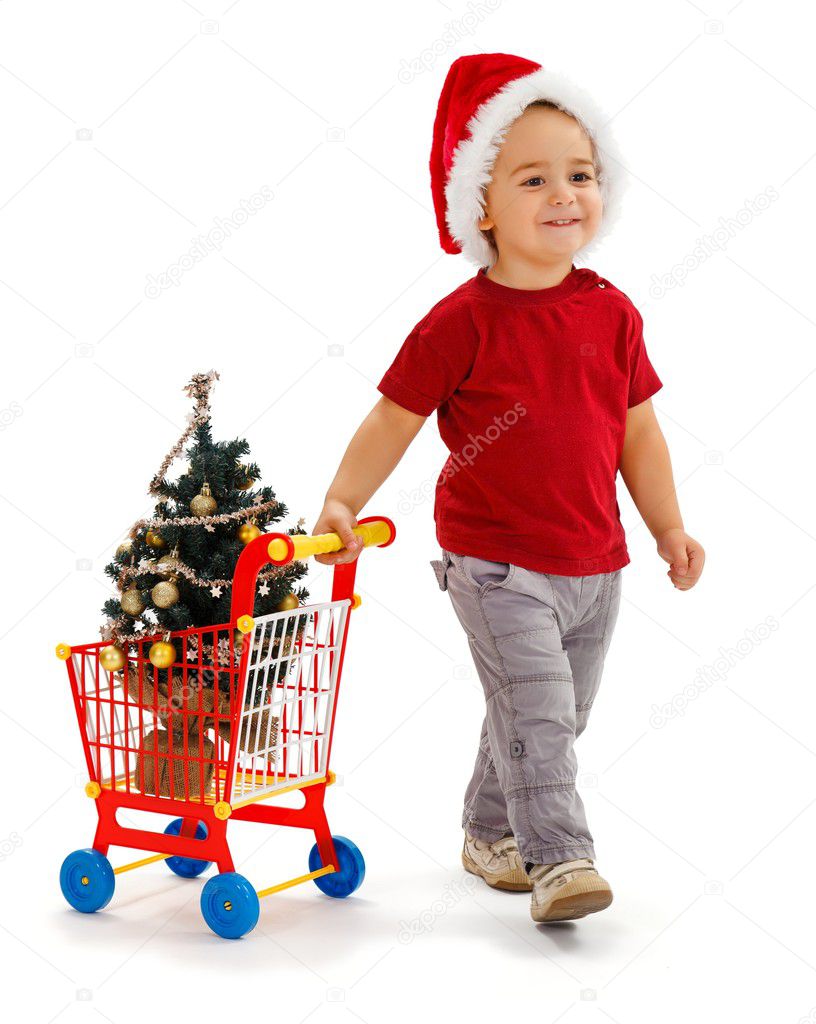 Little boy pulling shopping cart with Xmas tree