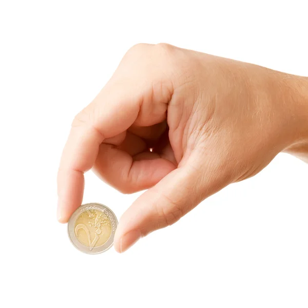 Mão de homem, segurando 2 moedas de euros — Fotografia de Stock