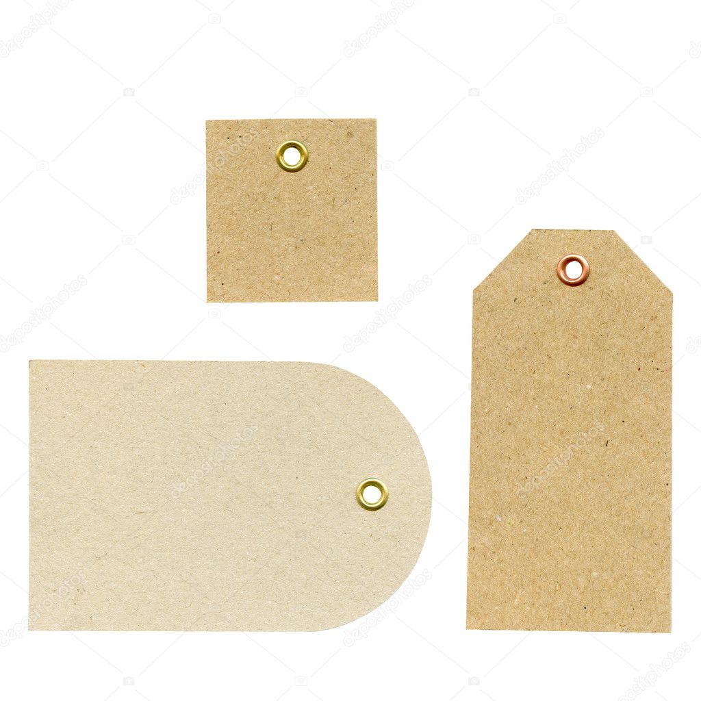 A set of three blank new brown rough paper tags Stock Photo by