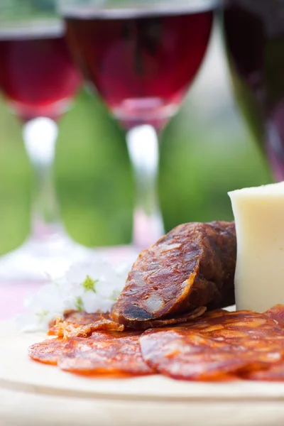 Červené víno a klobása se sýrem — Stock fotografie