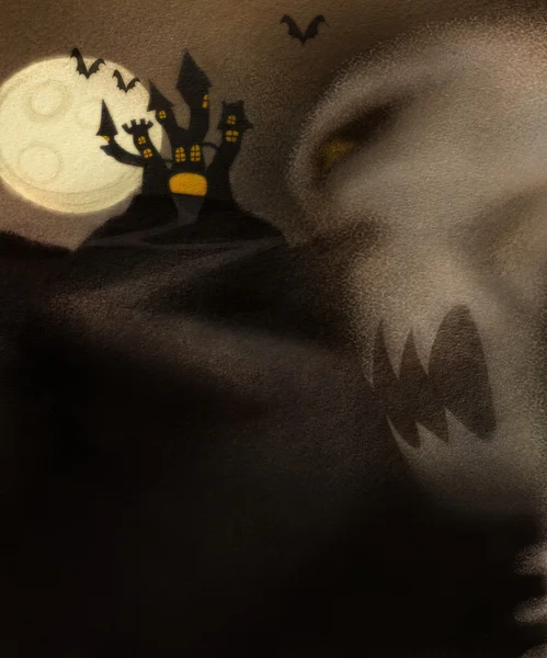 Halloween tema med spökhus och onda skelett — Stockfoto