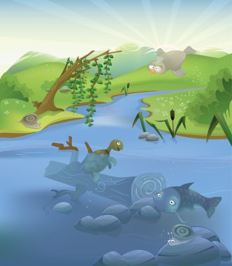 Vector river illustration with set of animals clipart