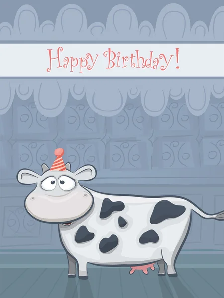 Tarjetas de animales serie. Tarjeta de cumpleaños vectorial con vaca divertida . — Archivo Imágenes Vectoriales