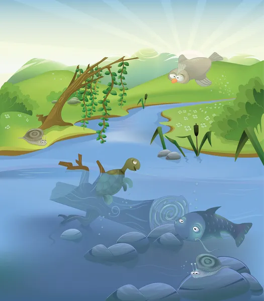 Vektor floden illustration med uppsättning av djur — Stock vektor