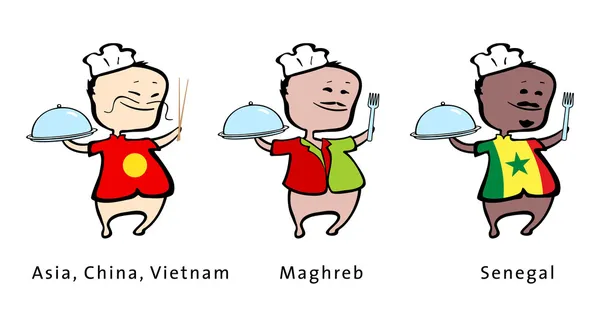 Chef de restaurante de Asia (China, Vietnam), Magreb, Senegal - vector il — Archivo Imágenes Vectoriales