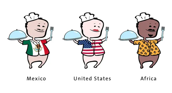 Chef de restaurante de México, Estados Unidos, África - ilustración vectorial — Archivo Imágenes Vectoriales