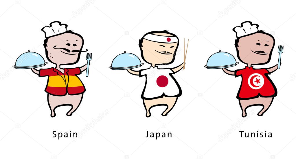 Chef of restaurant from Spain, Japan, Tunisia - vector illustration