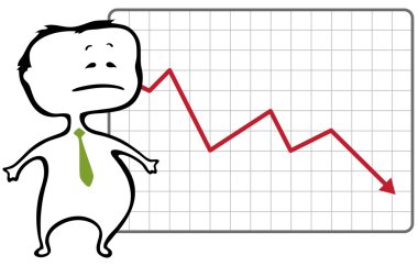 Unhappy trader and a drop chart with falling red arrow - vector clipart