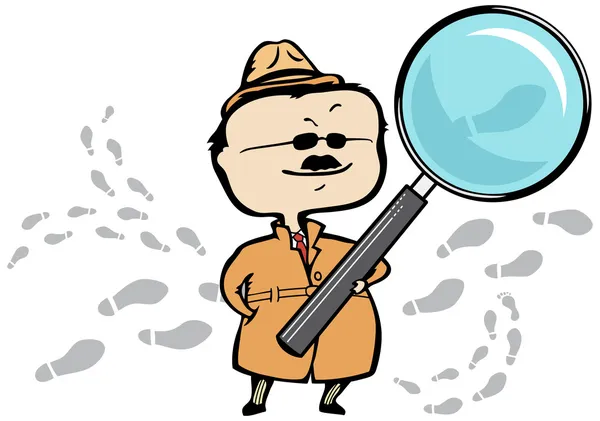 Detective o investigatore privato con lente d'ingrandimento e impronte — Vettoriale Stock