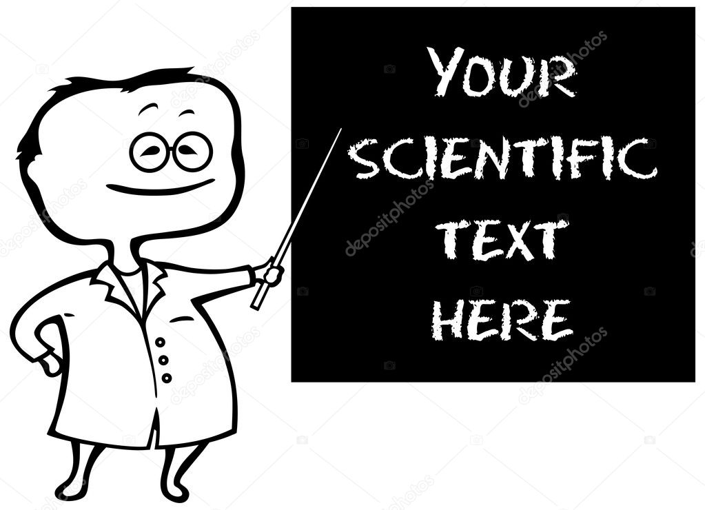 Scientist professor in cartoon style with a blackboard isolated on white