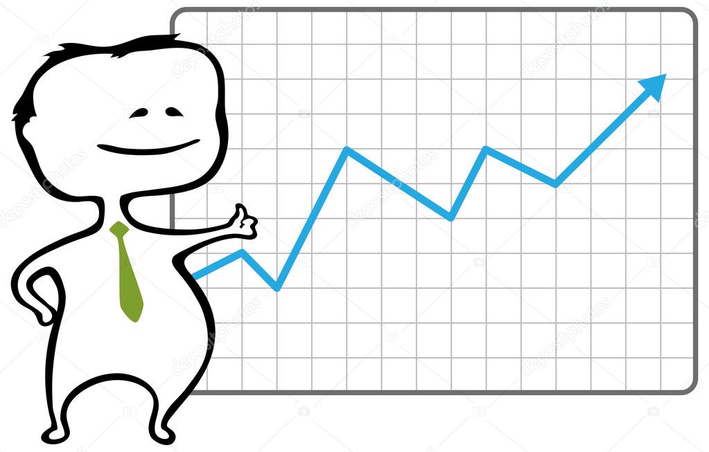Happy trader and a chart with a rising blue arrow - vector illustration