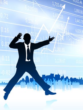 excited businessman with skyline and graph on internet backgroun clipart