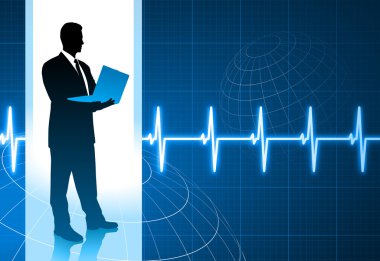businessman holding computer internet background with pulse hear clipart