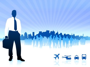 businessman with city on blue background clipart