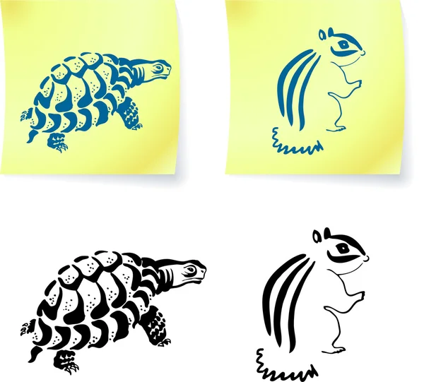 Turtle and chipmonk drawings on post it notes — Stock Vector