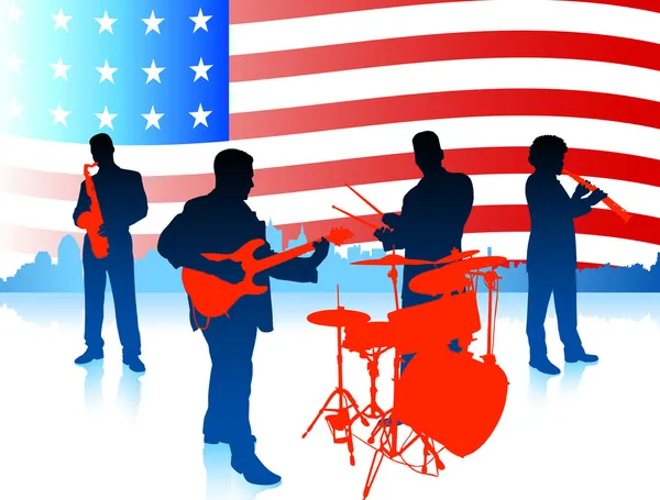 Banda de música ao vivo com bandeira americana —  Vetores de Stock