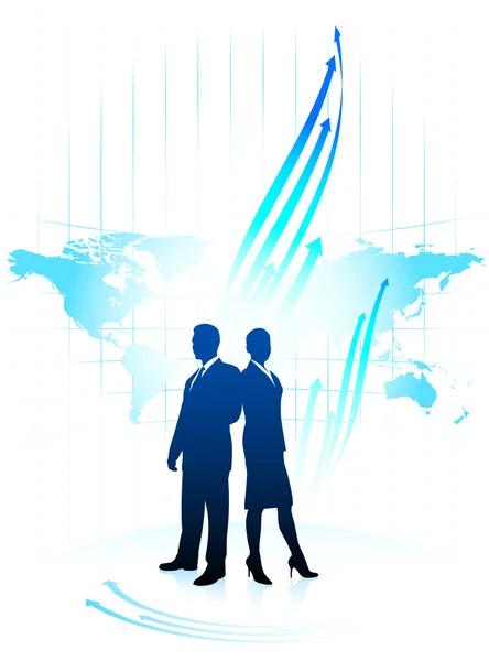 Homme d'affaires et femme d'affaires sur la carte du monde Contexte — Image vectorielle