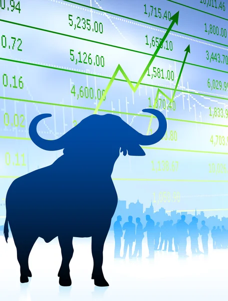 Touro no fundo do mercado de ações com equipe financeira — Vetor de Stock