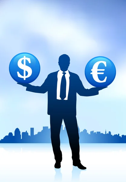 Podnikatel drží peníze symbol ikonu internet pozadí — Stockový vektor