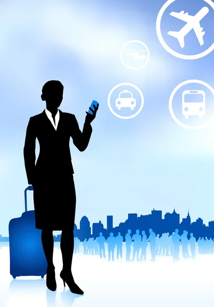 Mulher de negócios viajante com bagagem no horizonte de fundo — Vetor de Stock