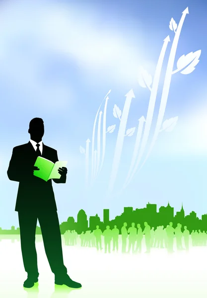Affärsman med gröna skyline bakgrund — Stock vektor