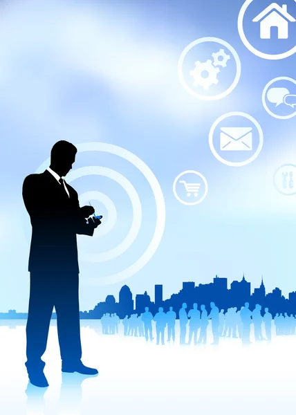 Homme d'affaires au téléphone avec des icônes Internet New York skyline backgr — Image vectorielle