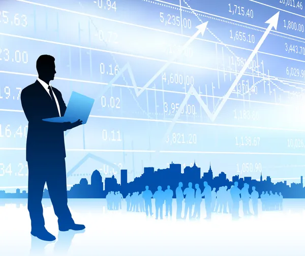 Biznesmen z wykresu i panoramę — Wektor stockowy