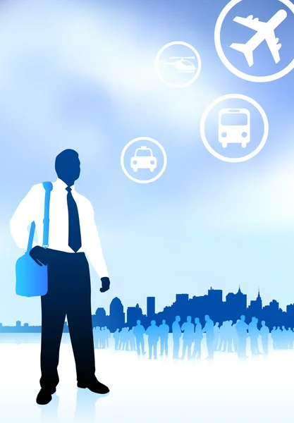 Businessman traveler with new york skyline internet background — Stock Vector