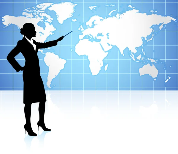 जागतिक नकाशा पार्श्वभूमी सादर करणारी व्यवसाय महिला — स्टॉक व्हेक्टर