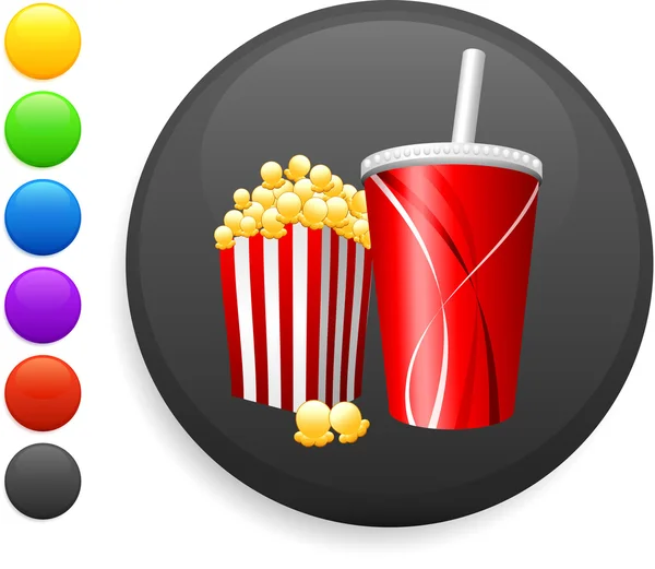 Icona popcorn e soda sul pulsante internet rotondo — Vettoriale Stock